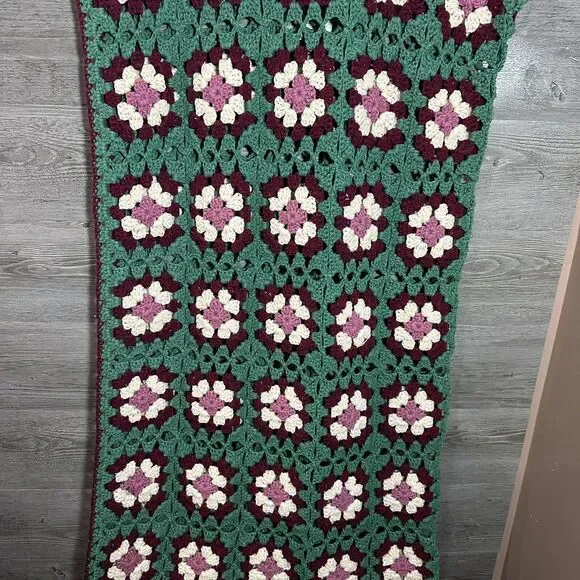 Handcrafted Floral Crochet Throw Blanket - Green, Purple, Cream - Picture 2 of 7